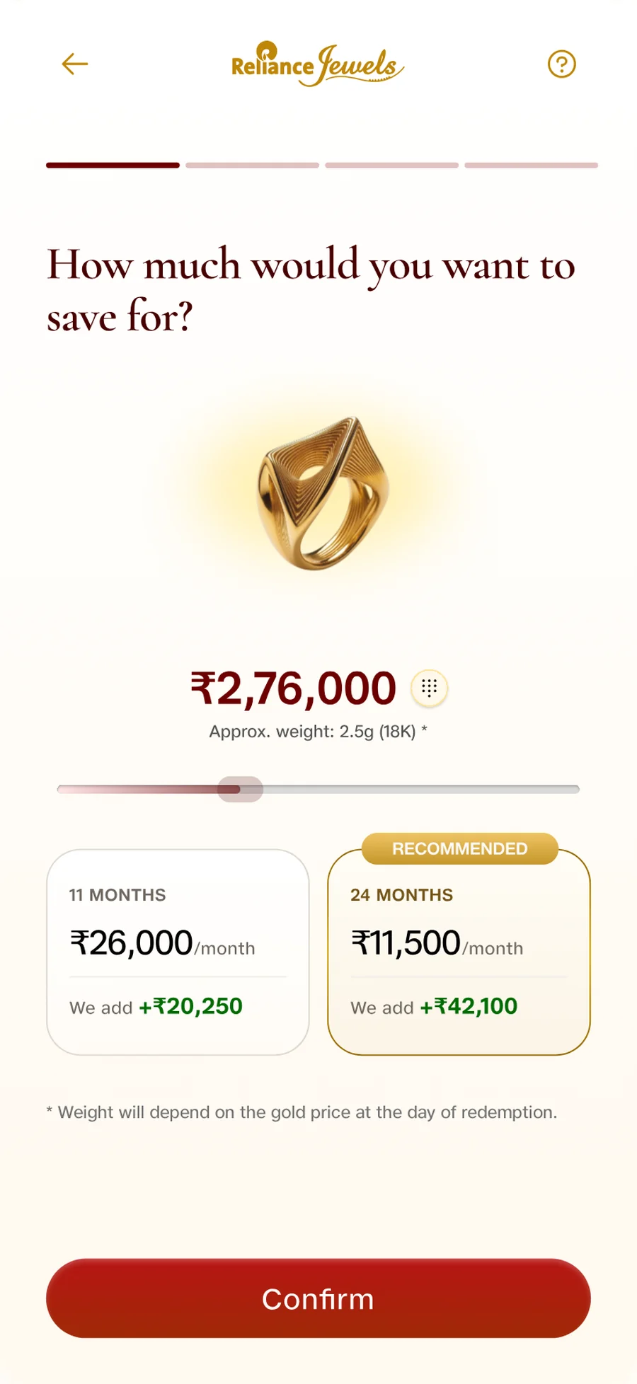 The savings step: a gold ring, the amount saved towards it, and the eleven and twenty-four month plans with the monthly payment and what Reliance Jewels adds.