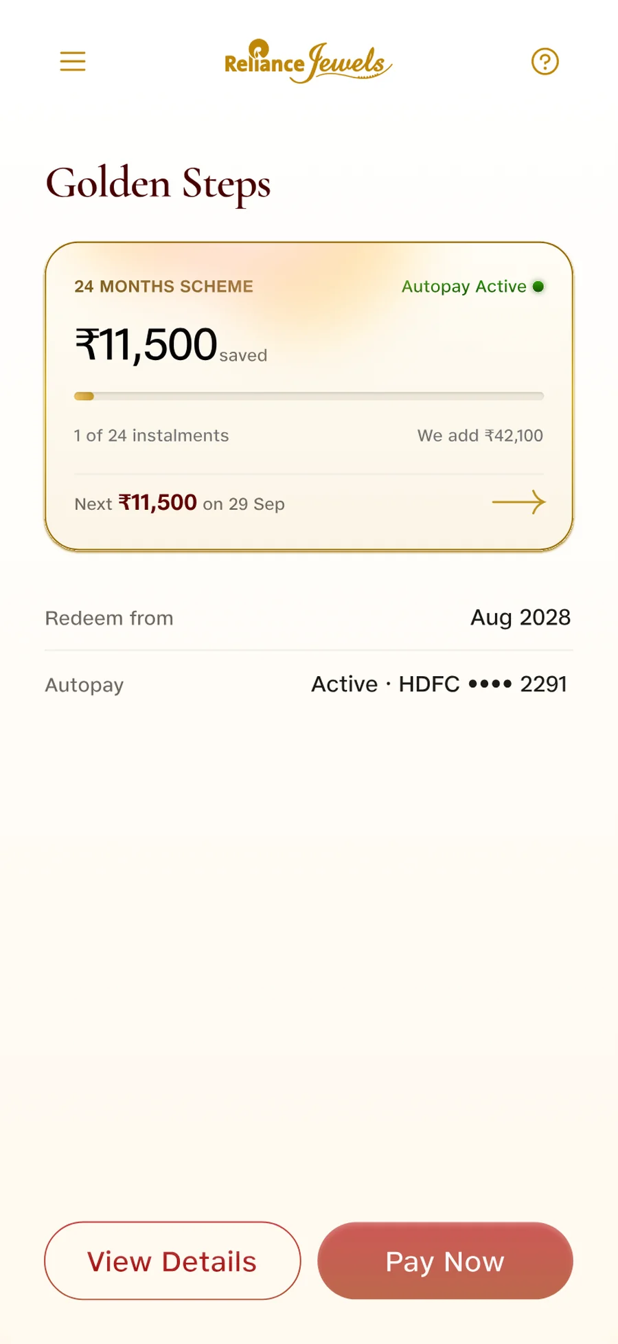 The scheme dashboard, showing the amount saved, instalments completed, what Reliance Jewels adds, the next payment and the redemption date.