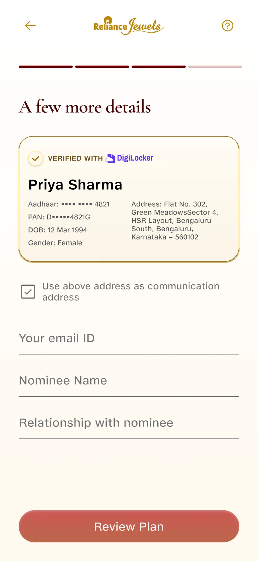 The details step, with the identity fields already filled in from DigiLocker and the nominee fields left to complete.