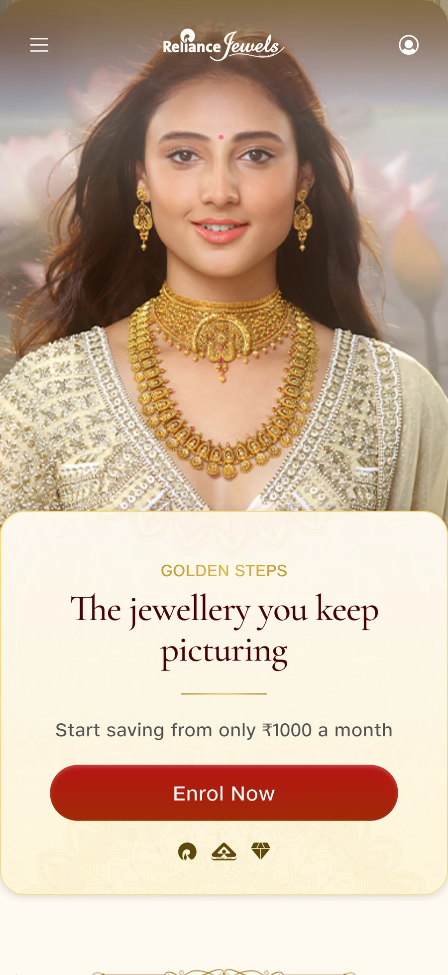 The reworked landing screen, led by a photograph of the jewellery, with the line the jewellery you keep picturing.