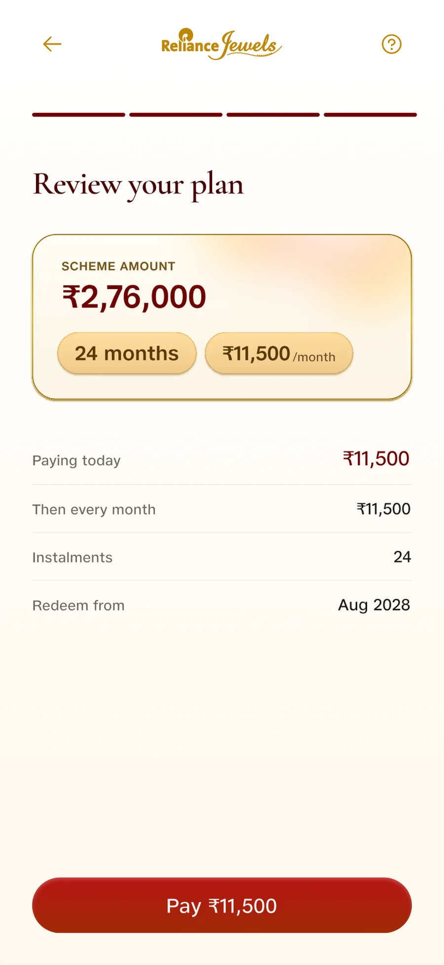 The plan review screen, listing the scheme amount, what is paid today, the monthly amount, the number of instalments and the redemption date.