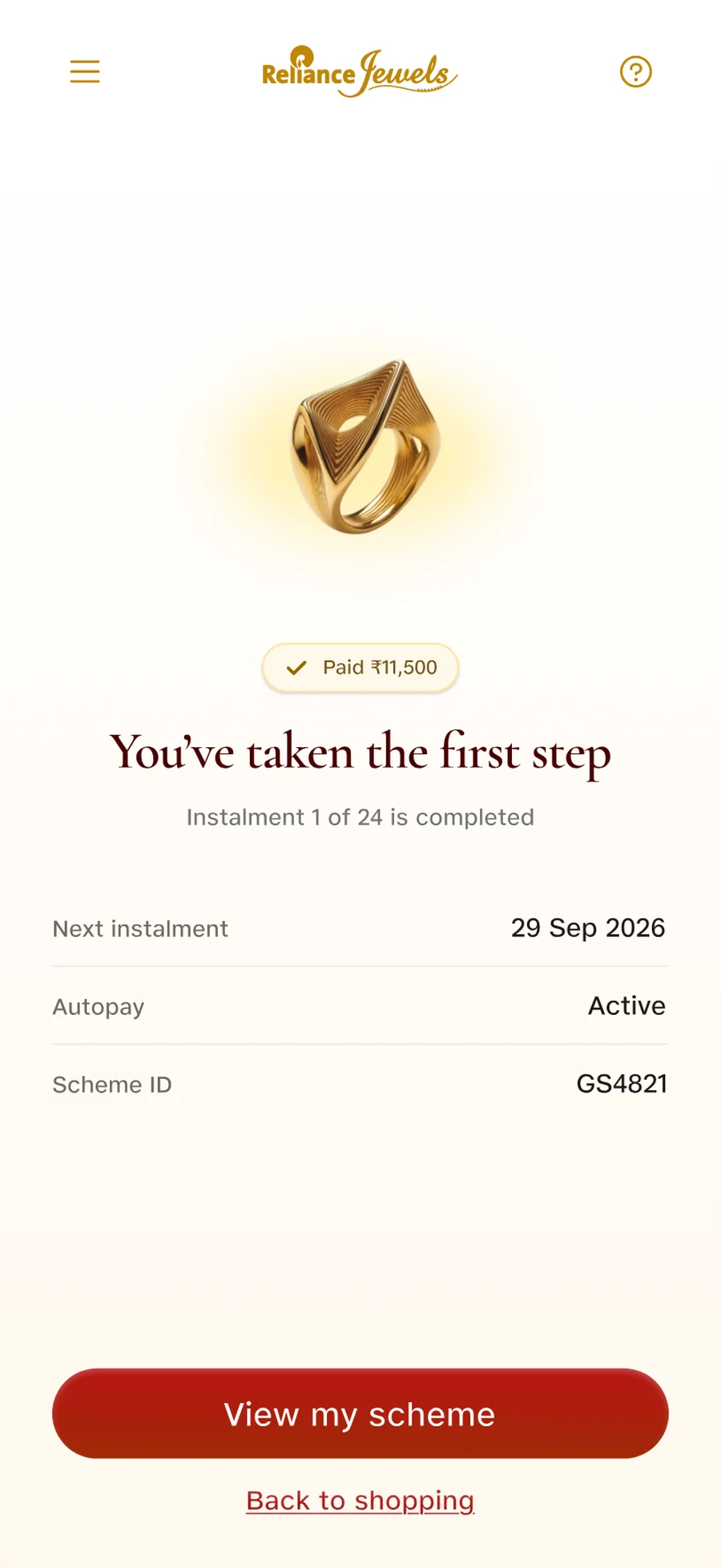 The confirmation screen after the first instalment, showing the next instalment date, the autopay status and the scheme ID.