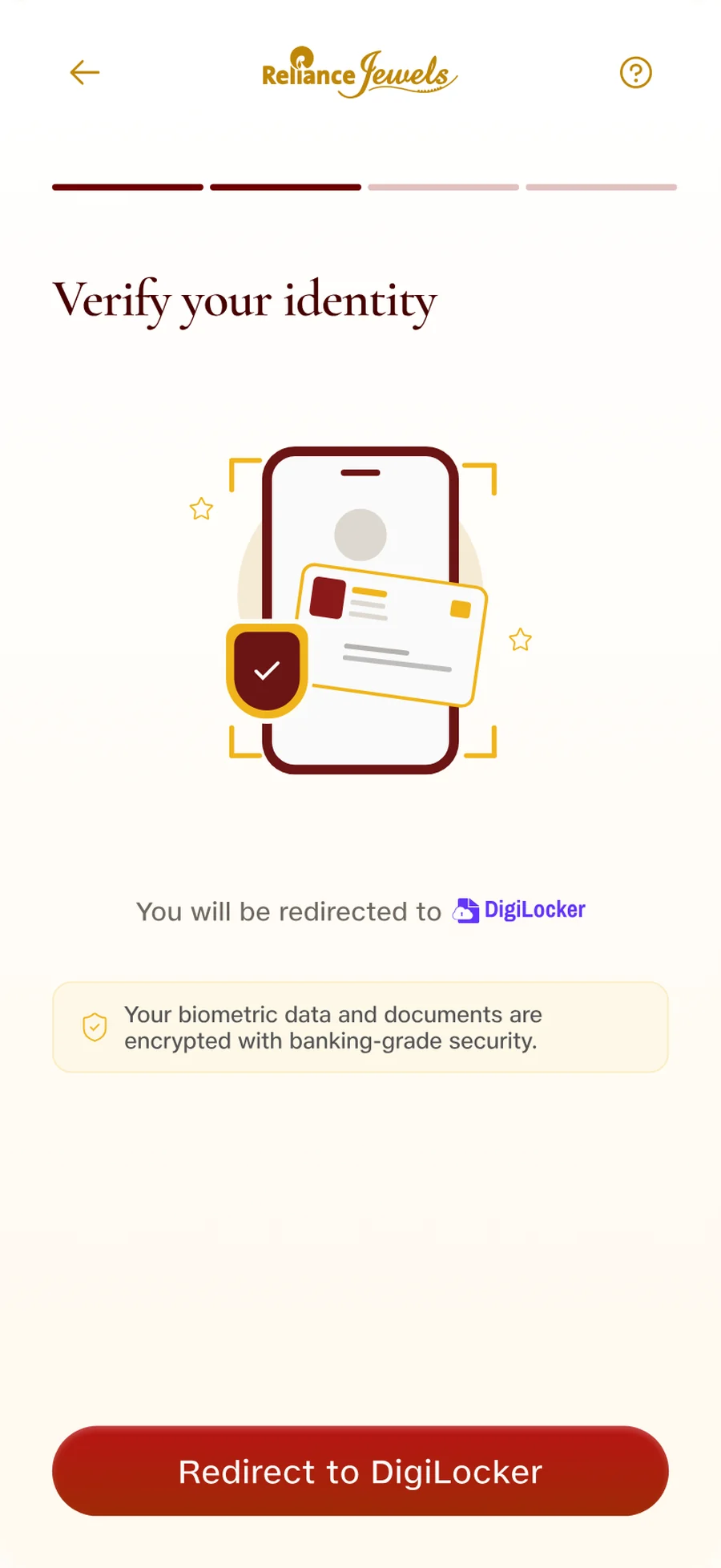 The identity step, naming DigiLocker before the customer is redirected out of the app.