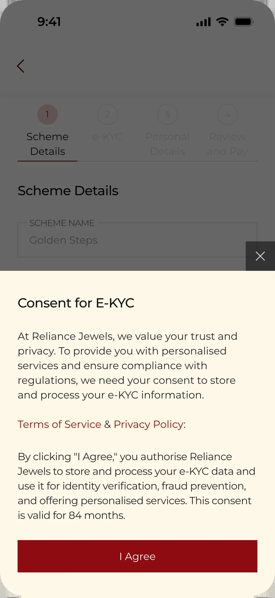 The consent sheet for e-KYC, explaining what Reliance Jewels stores, what it is used for and how long the consent lasts.