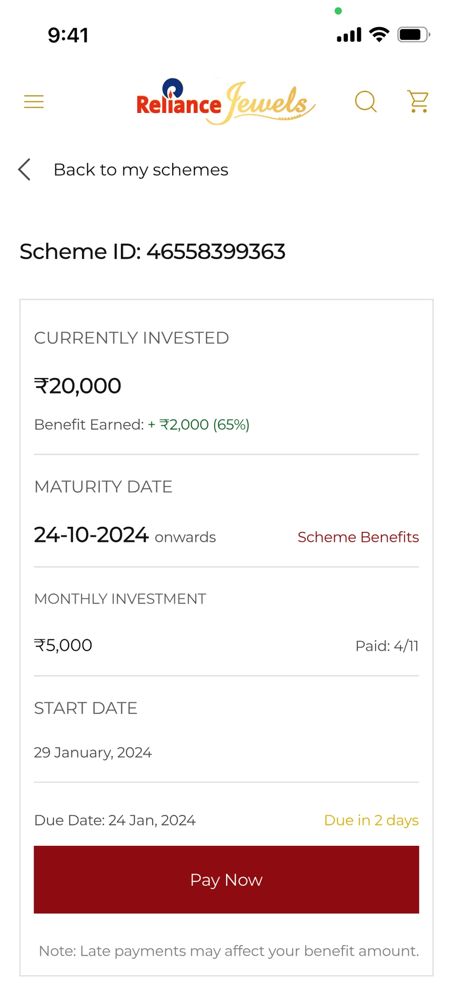 A single scheme: currently invested, benefit earned, maturity date, monthly investment, start date and a Pay Now button.