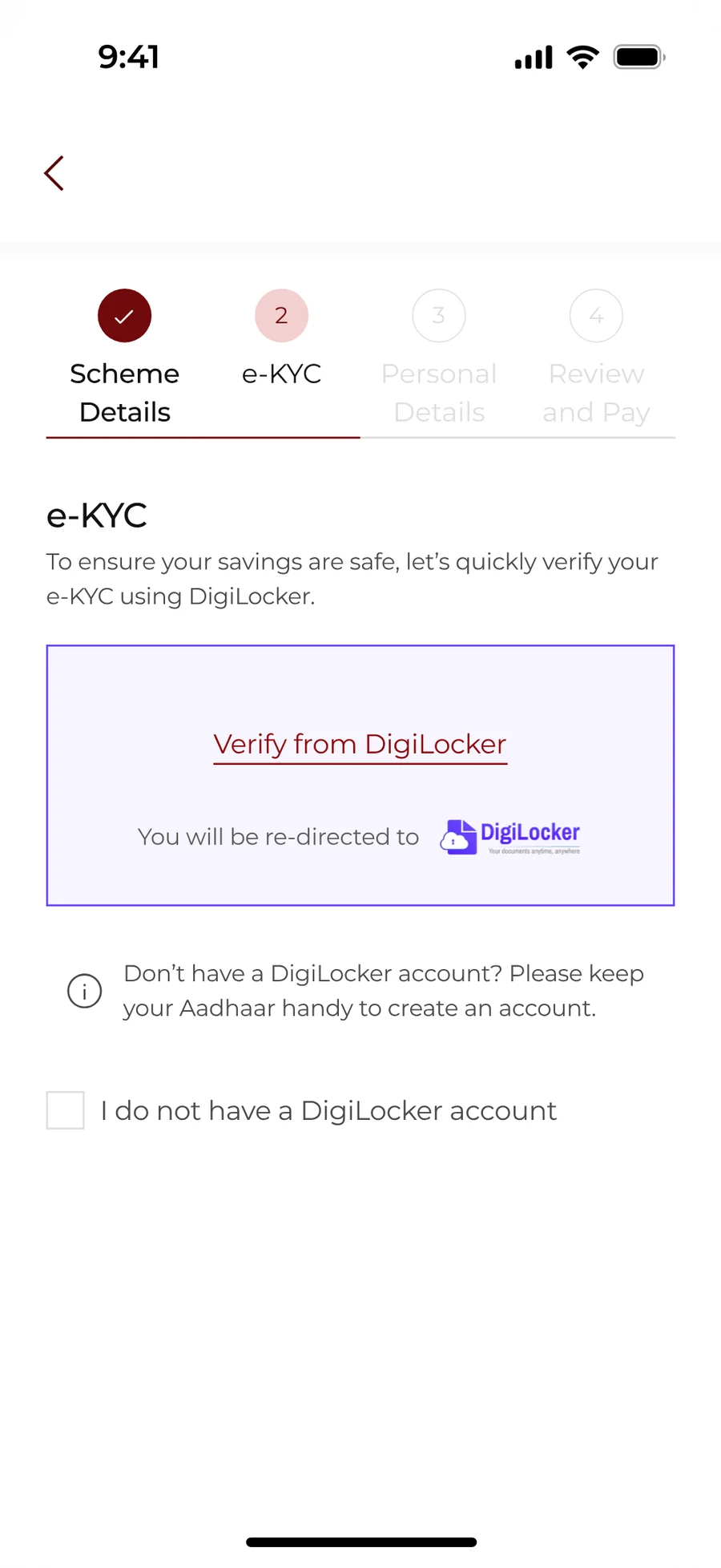 Step two: verify identity through DigiLocker, with a note that the customer will be redirected and a checkbox for people without an account.