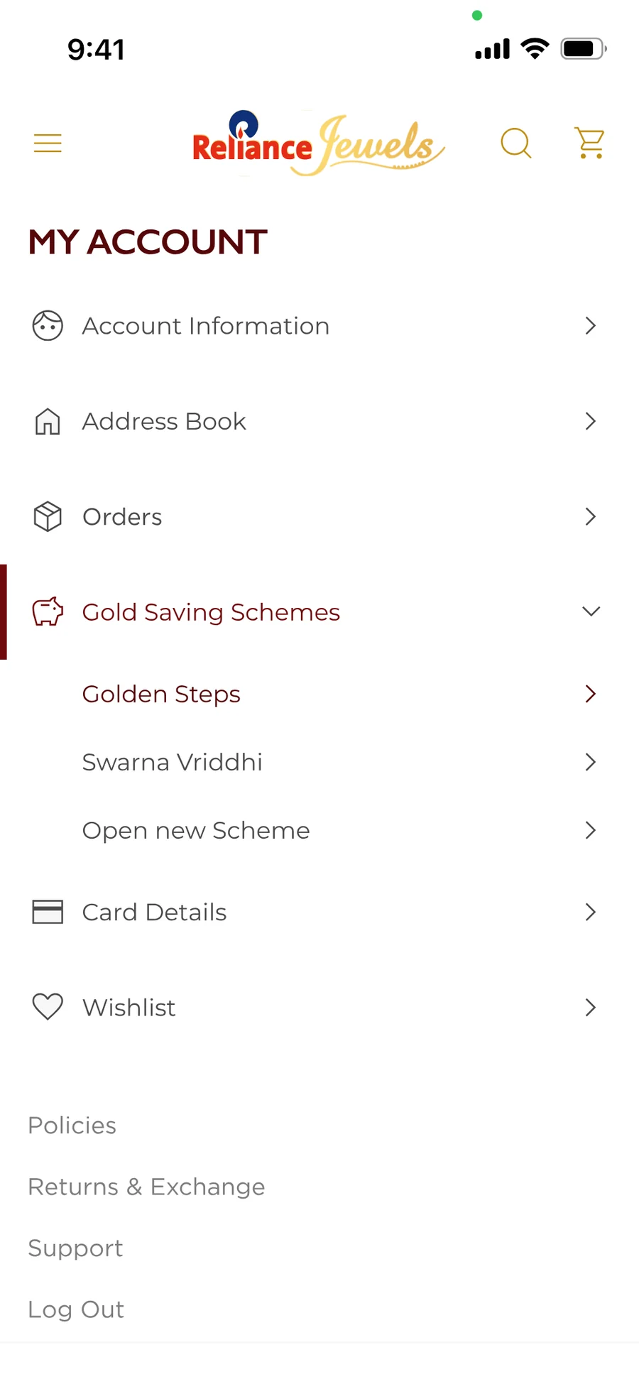 The account menu with Gold Saving Schemes expanded to Golden Steps, Swarna Vriddhi and Open new Scheme.