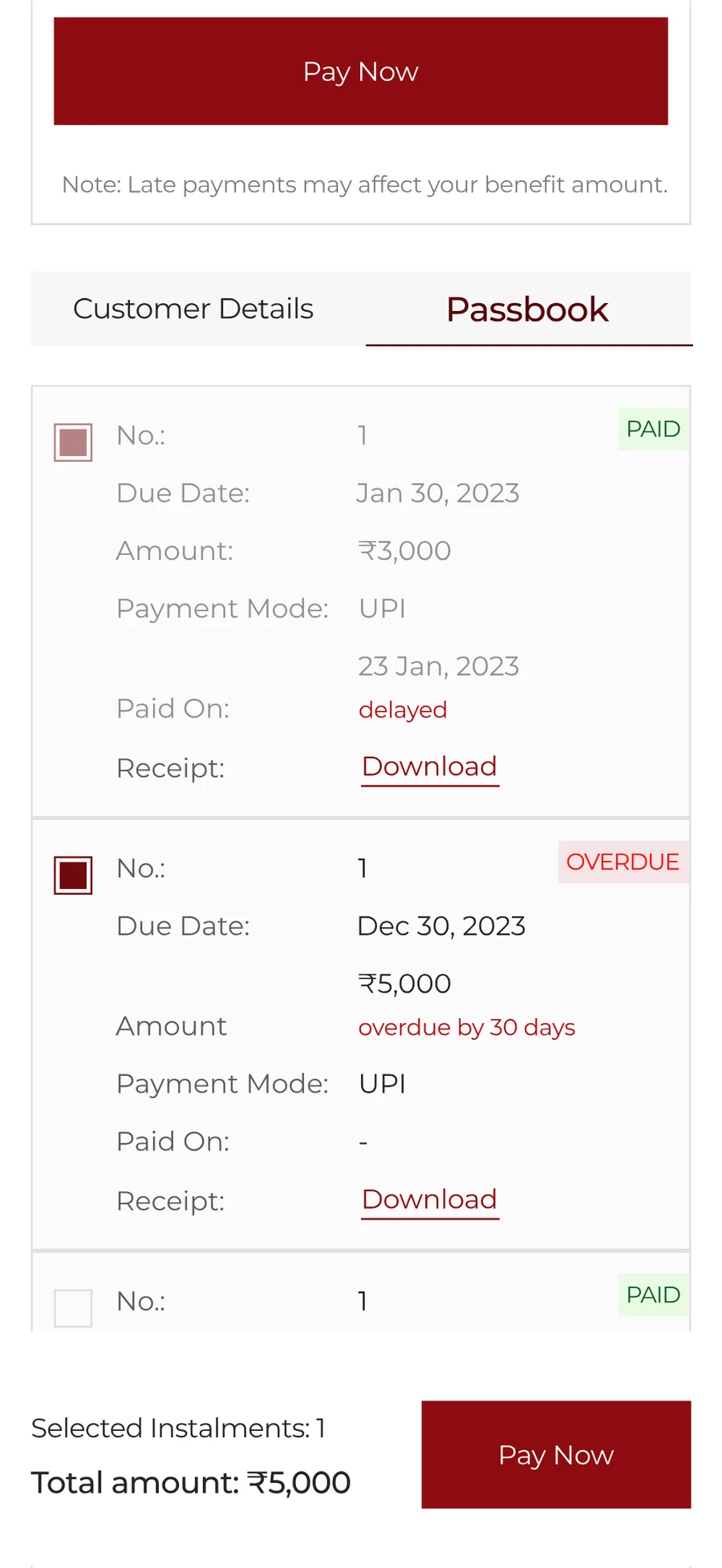 The passbook tab: every instalment with its due date, amount, payment mode, the date it was paid and a receipt to download.