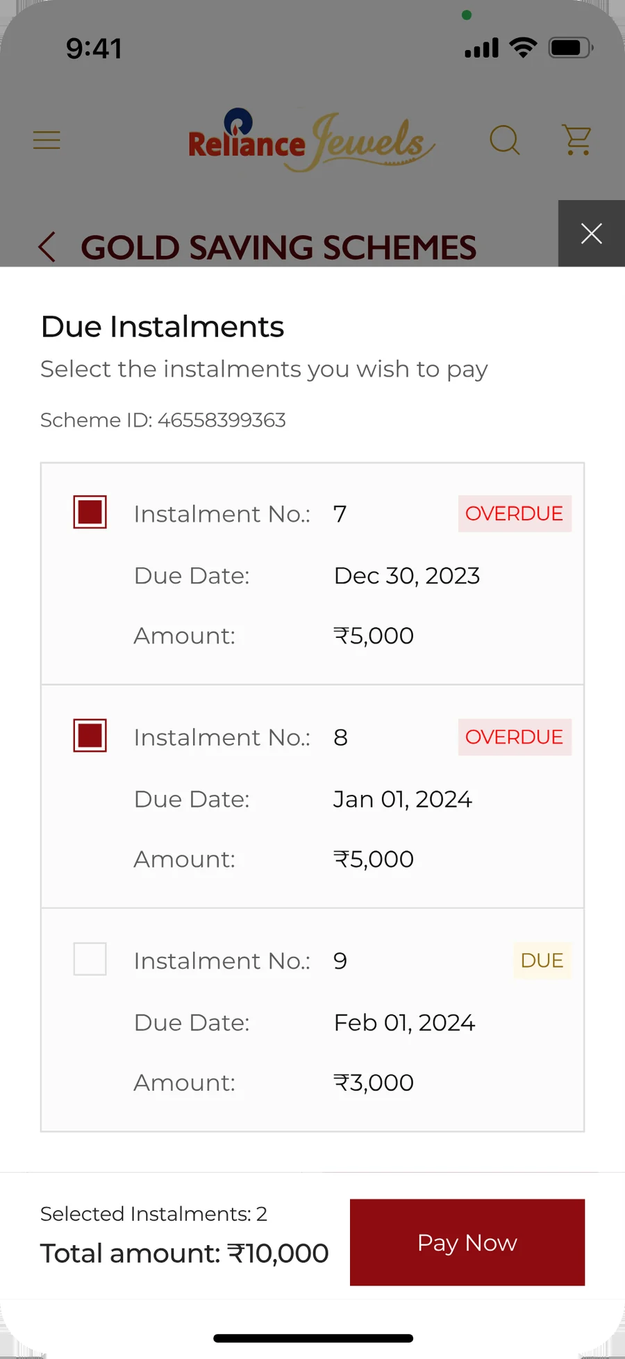 The pay sheet: instalments listed with overdue and due labels, two selected, and a running total to pay.
