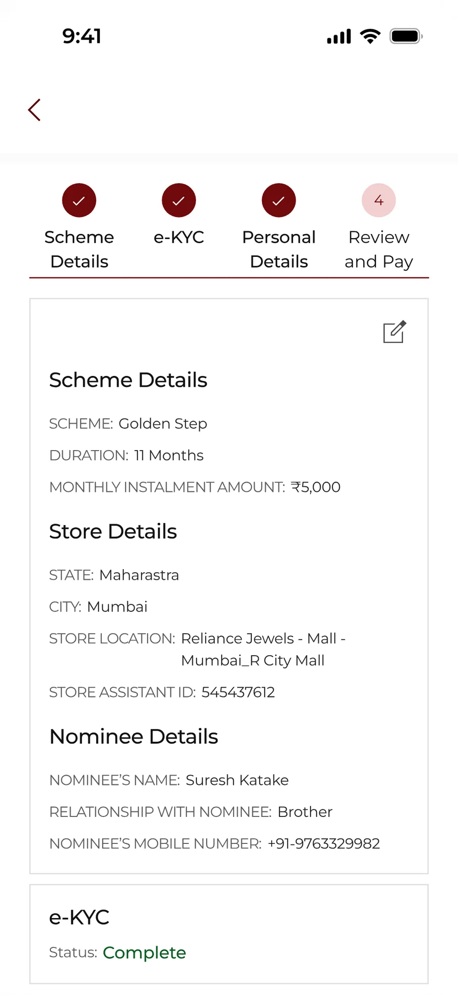 The review step: scheme details, store details, nominee details and the e-KYC status marked complete.