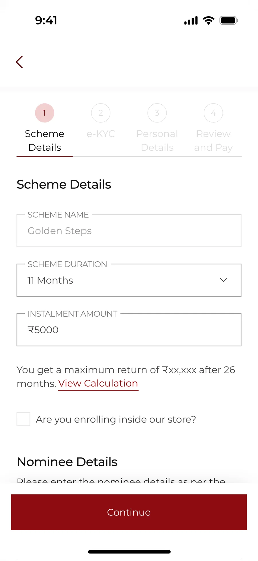 Step one of enrolment: scheme name, scheme duration and instalment amount as form fields, under a four-step progress bar.