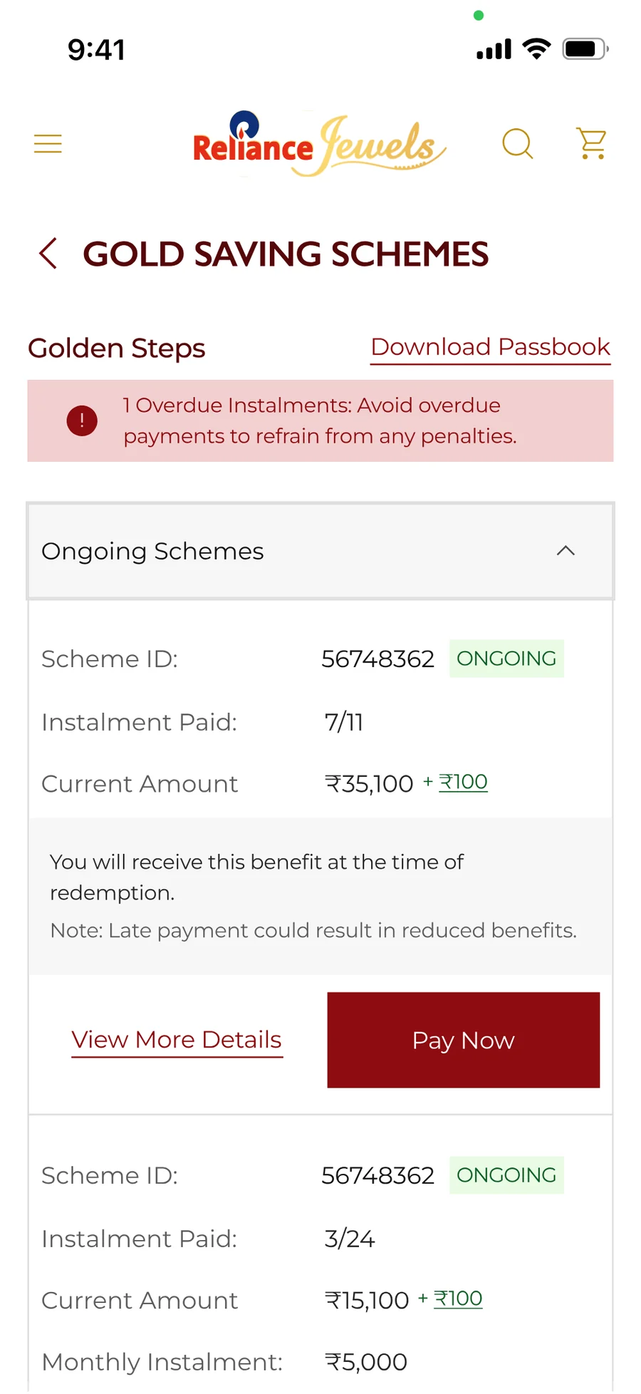The gold saving schemes list, with an overdue instalment warning above two ongoing schemes and their paid counts.