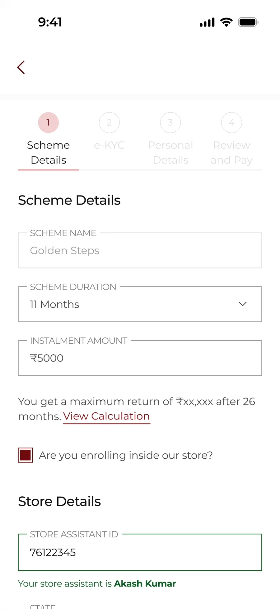 The same step with the in-store box ticked, revealing a store assistant ID field that has resolved to a named assistant.
